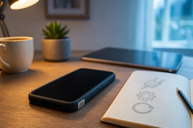 Smartphone con logo Cuenta DNI sobre escritorio minimalista y cuaderno