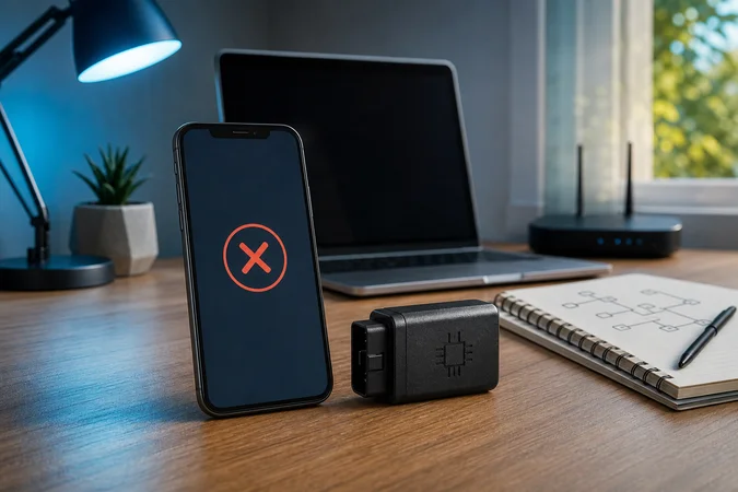 Smartphone y herramienta diagnostica con logo grabado en escritorio moderno