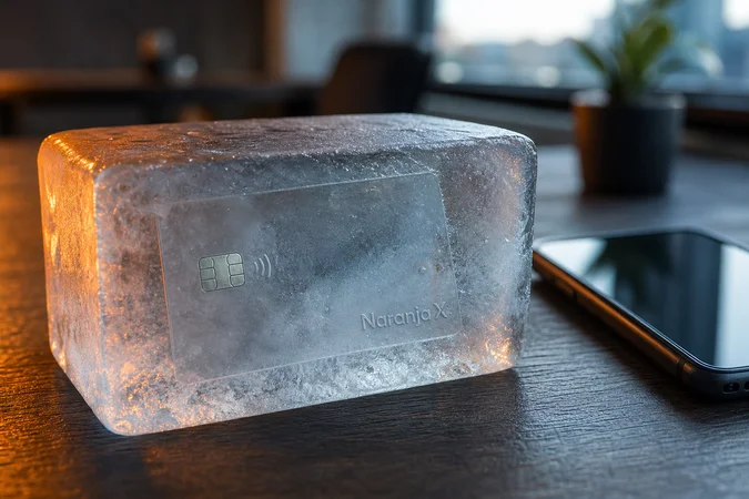 Tarjeta de débito transparente encapsulada en hielo con Naranja X