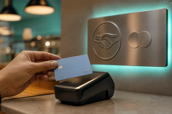 Tarjeta Mercado Pago en mano junto a terminal con Mastercard