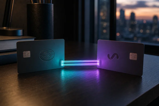 Tarjetas Mercado Pago y Ualá con tubo luminoso entre ellas