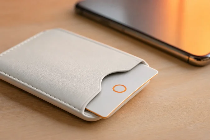 Tarjetero de cuero blanco sobre madera con emblema naranja circular
