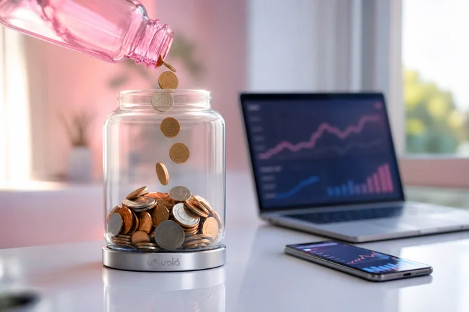 Tarro de dinero de vidrio con logo Ualá y monedas