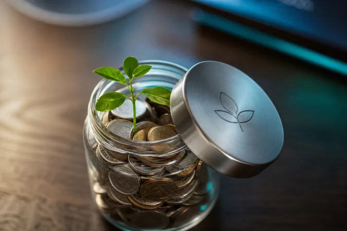 Tarro de vidrio con monedas y planta brotando tapa logo