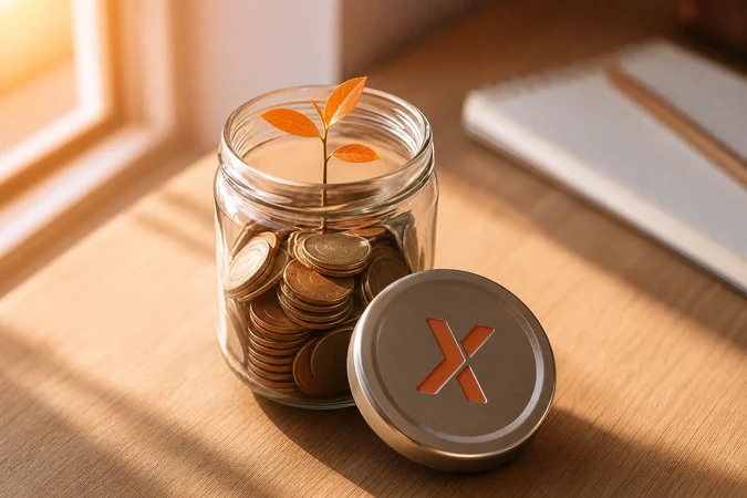 Tarro de vidrio con monedas y retoño naranja Naranja X