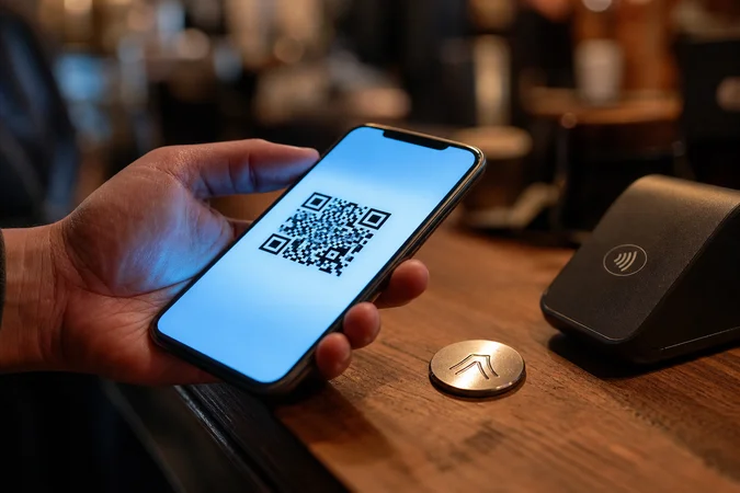 Teléfono muestra código QR sobre token circular con logo grabado