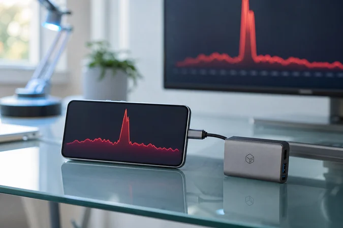 Teléfono sobre vidrio con hub USB C grabado logo minimalista