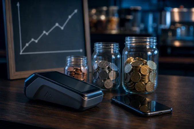terminal de pago en café oscuro con frascos de monedas