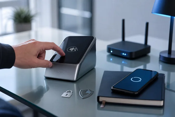 Terminal de pago MODO sobre escritorio limpio con seguridad wifi