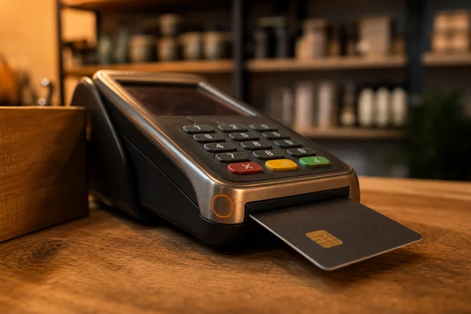 Terminal POS en mostrador de tienda con logo naranja grabado