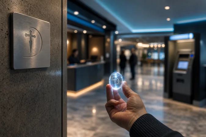 Token iluminado pequeño junto a placa grabada Galicia en cajero