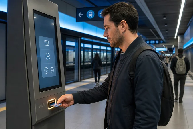 Viajero en kiosko moderno de estación usa tarjeta sin contacto SUBE