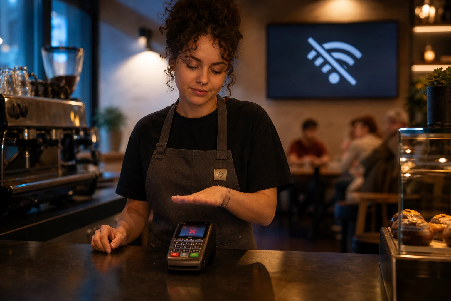 Barista sobre terminal de pago averiado en mostrador de café