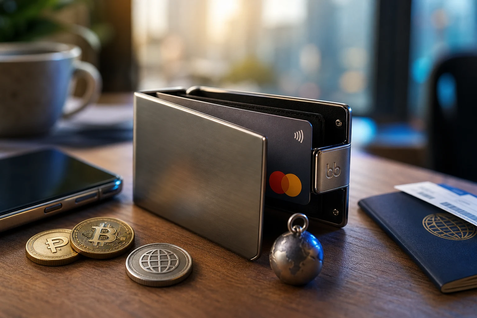 Belo wallet abierto con logo grabado en broche y Mastercard