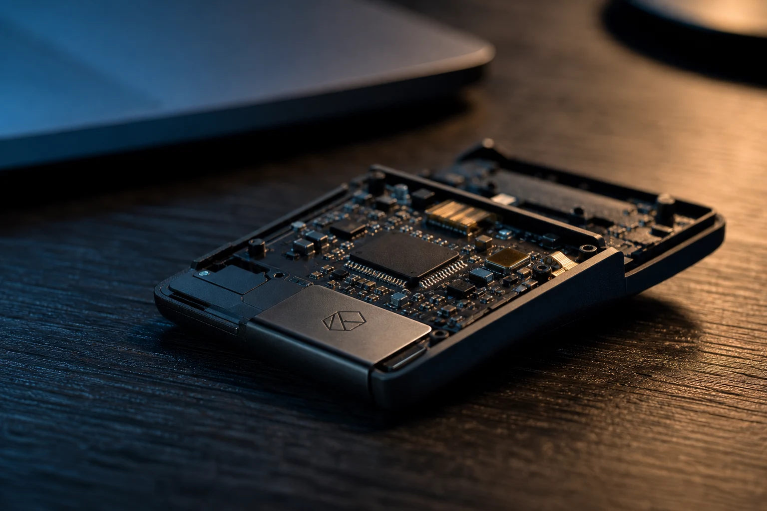 Billetera de hardware abierta revela circuito interior y logo grabado