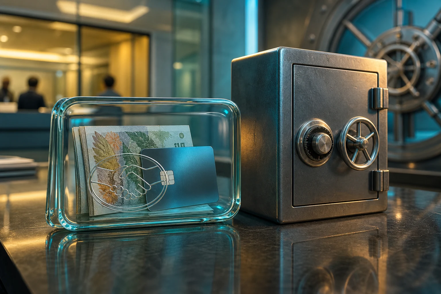 Billetera digital de vidrio Mercado Pago junto a caja fuerte metálica con pesos argentinos