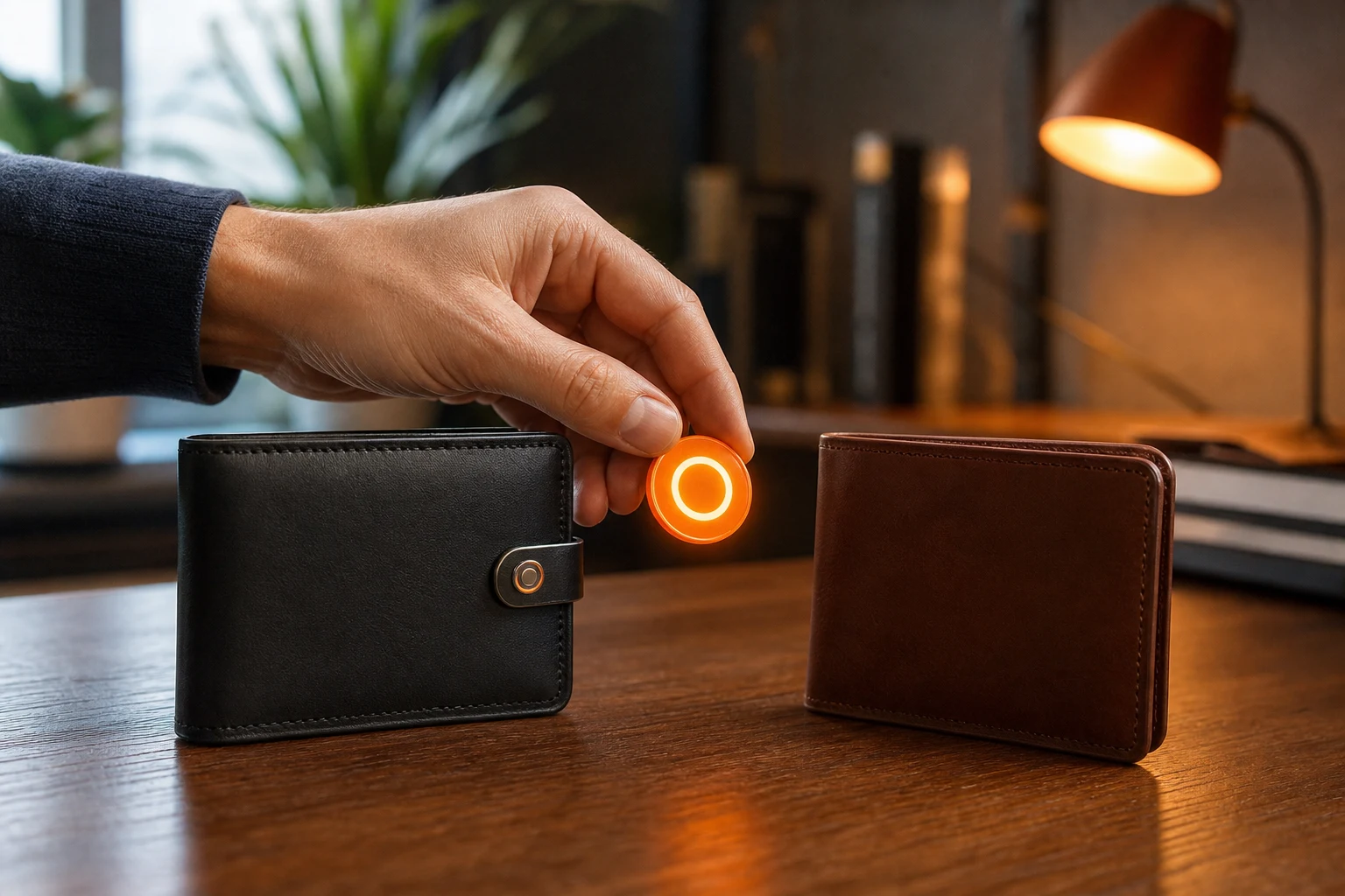 Billeteras de cuero premium token naranja transferido por mano izquierda