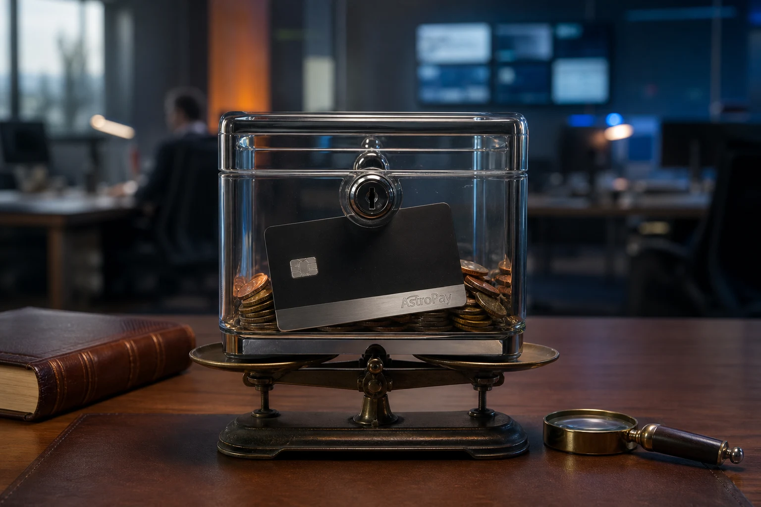 Caja de cristal AstroPay con monedas tarjeta y balanza financiera