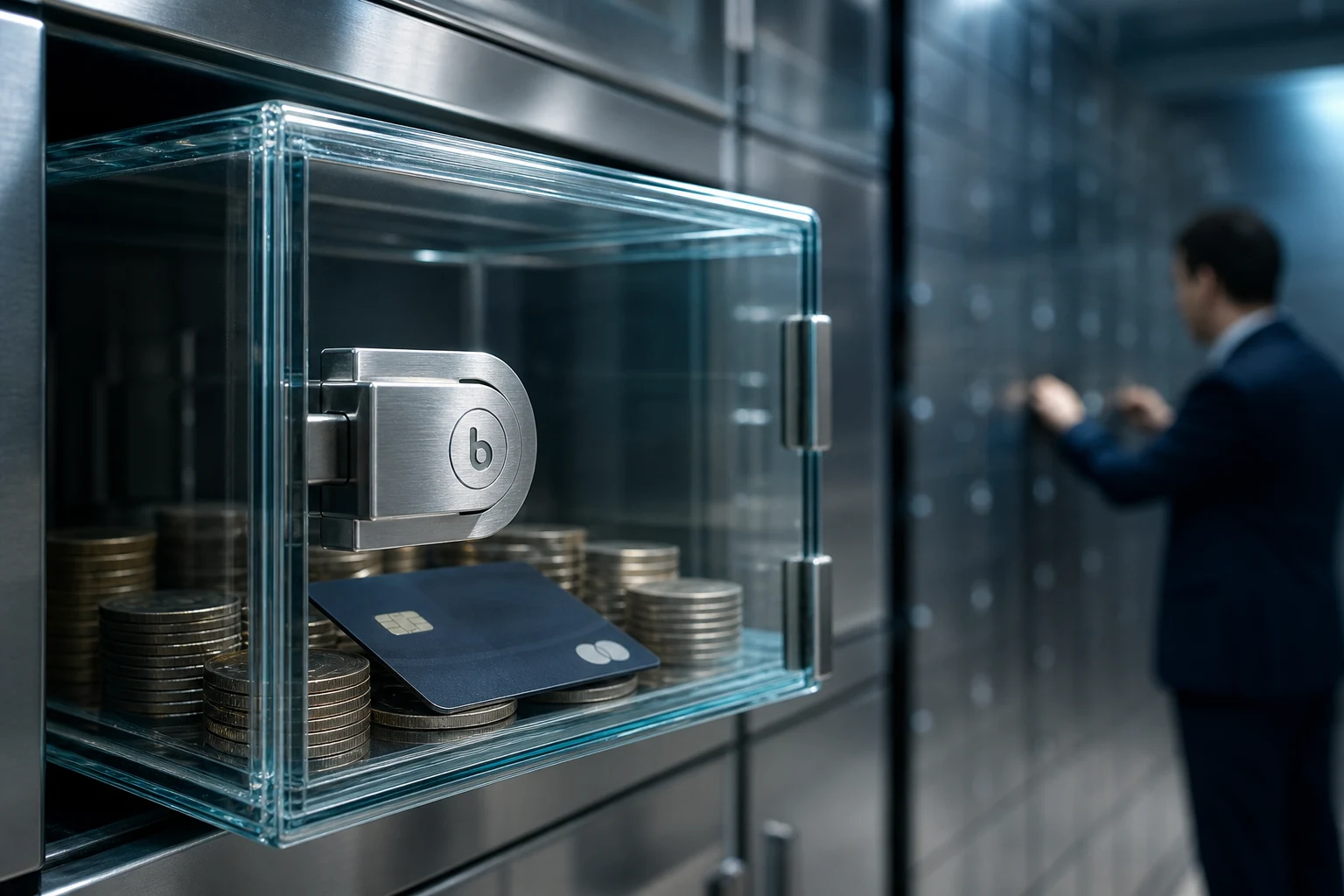 Caja de seguridad Brubank transparente con monedas y tarjeta bancaria en bóveda bancaria