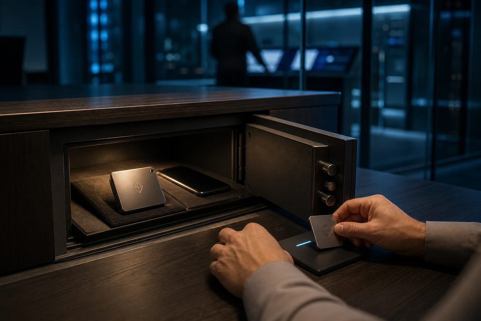 Caja fuerte en escritorio oscuro y wallet hardware logo grabado