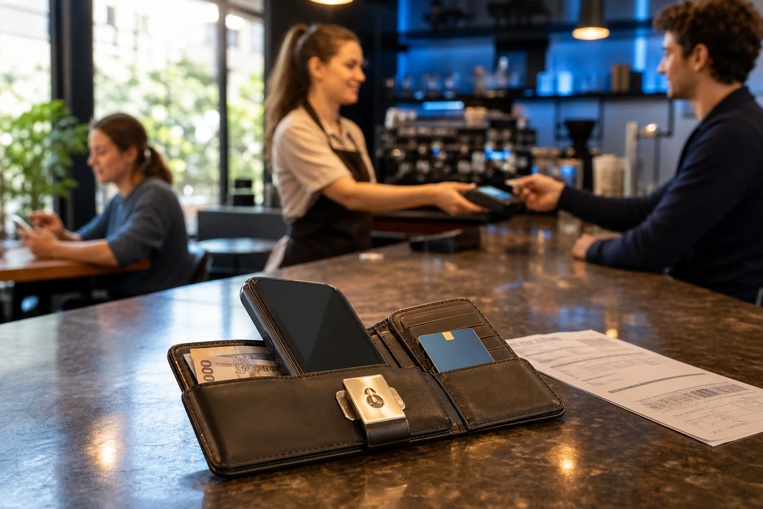 Cartera Bancor abierta con tarjeta teléfono y artículos de pago cotidiano