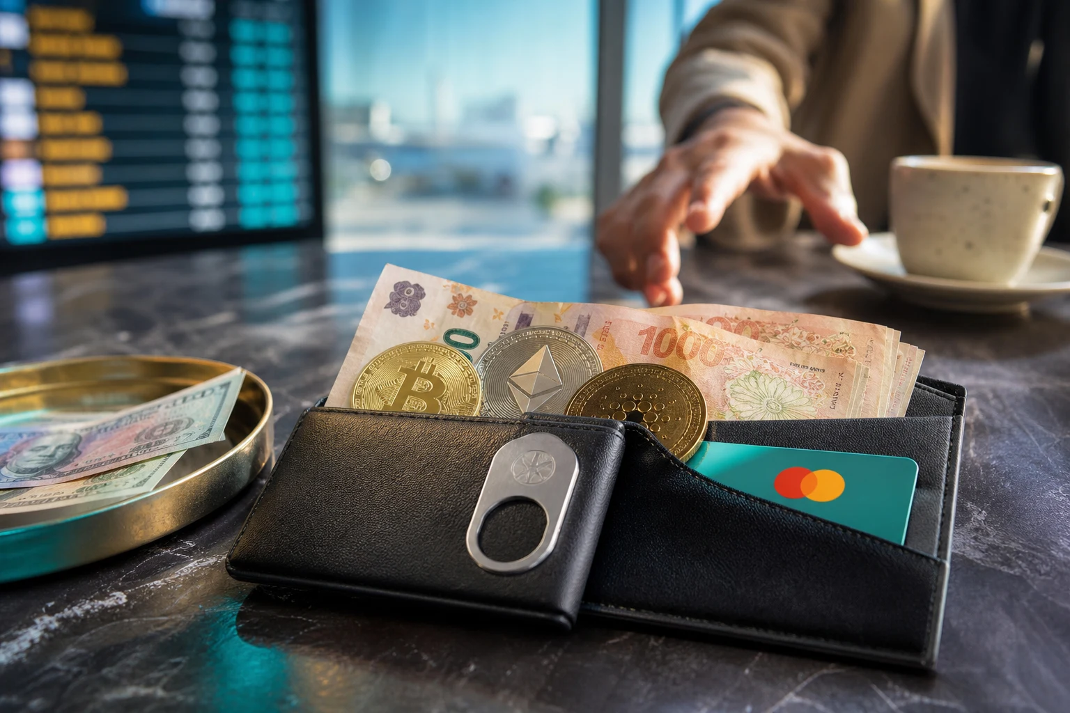 Cartera Belo con pesos argentinos fichas cripto y tarjeta Mastercard junto a cambio de divisas