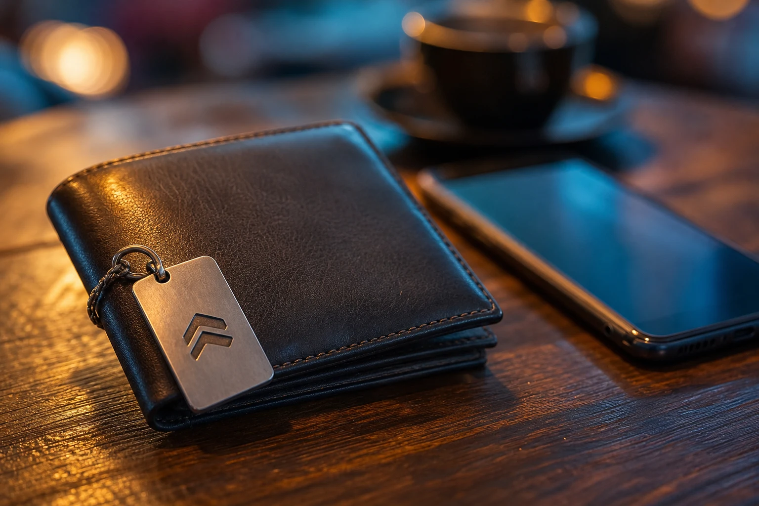 Cartera de cuero con etiqueta minimalista fintech y móvil cercano