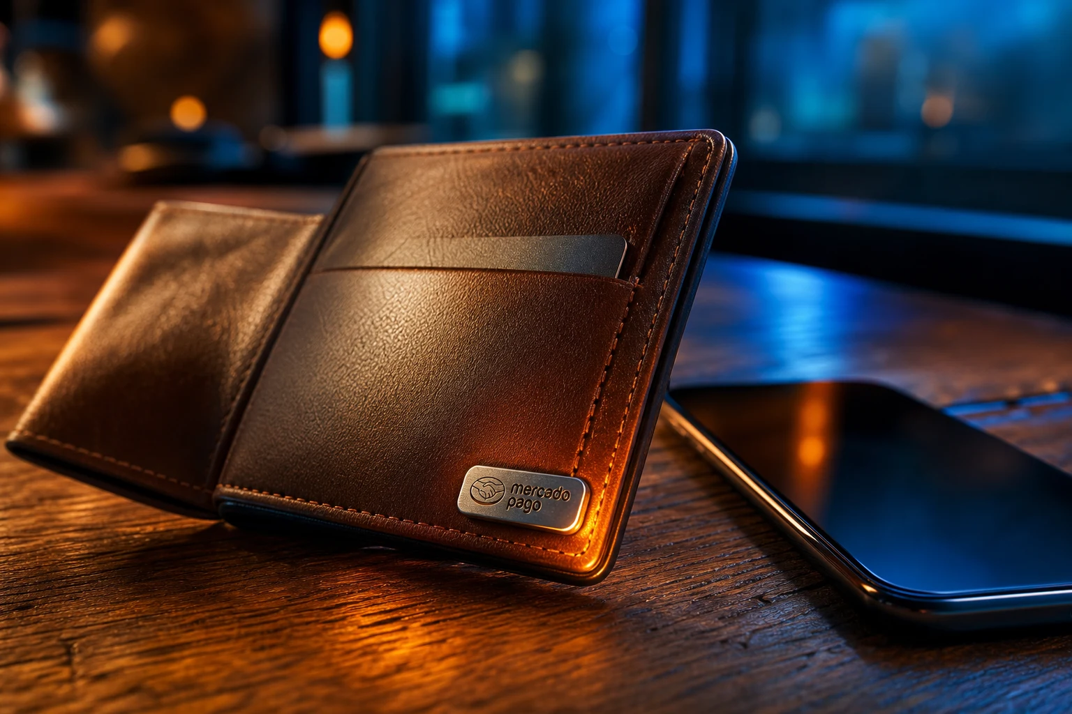 Cartera de cuero marrón abierta junto al smartphone con Mercado Pago