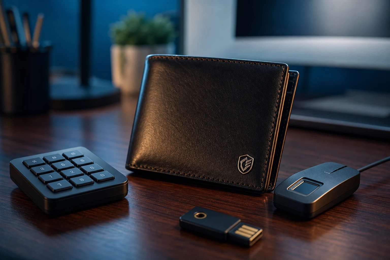 Cartera de cuero premium rodeada por dispositivos de seguridad físicos