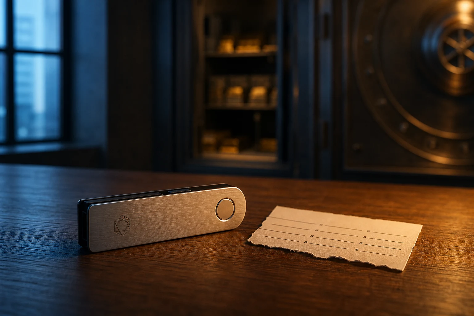 Cartera hardware de criptomonedas sobre escritorio madera junto a semilla