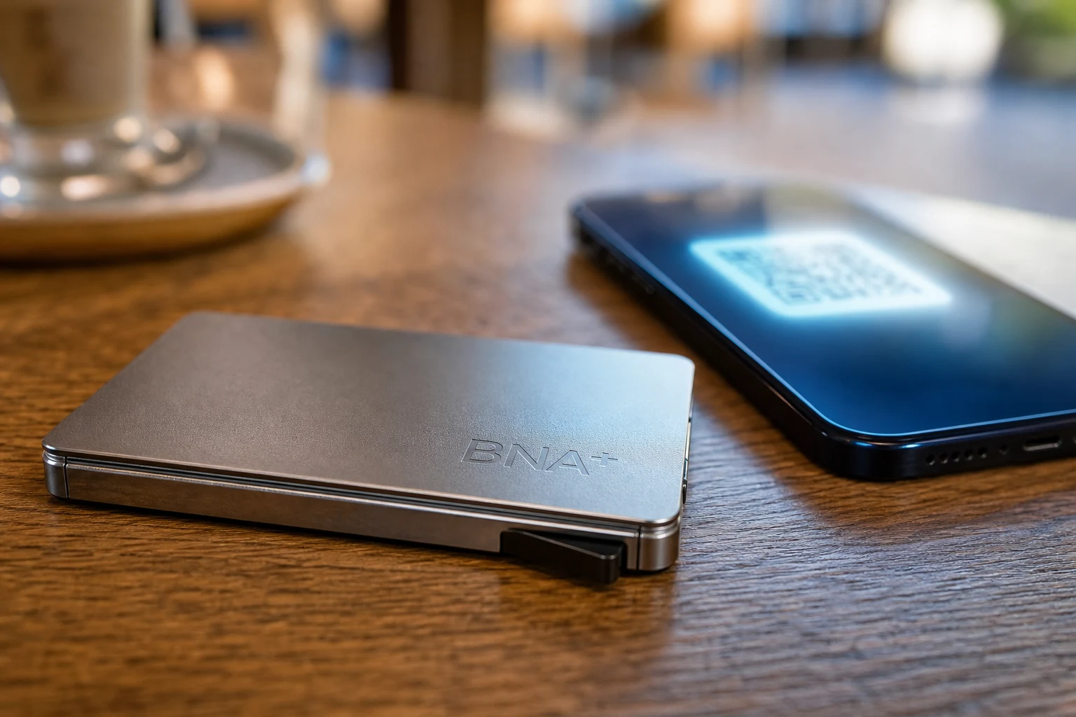 Cartera metálica BNA sobre mesa de madera junto al smartphone
