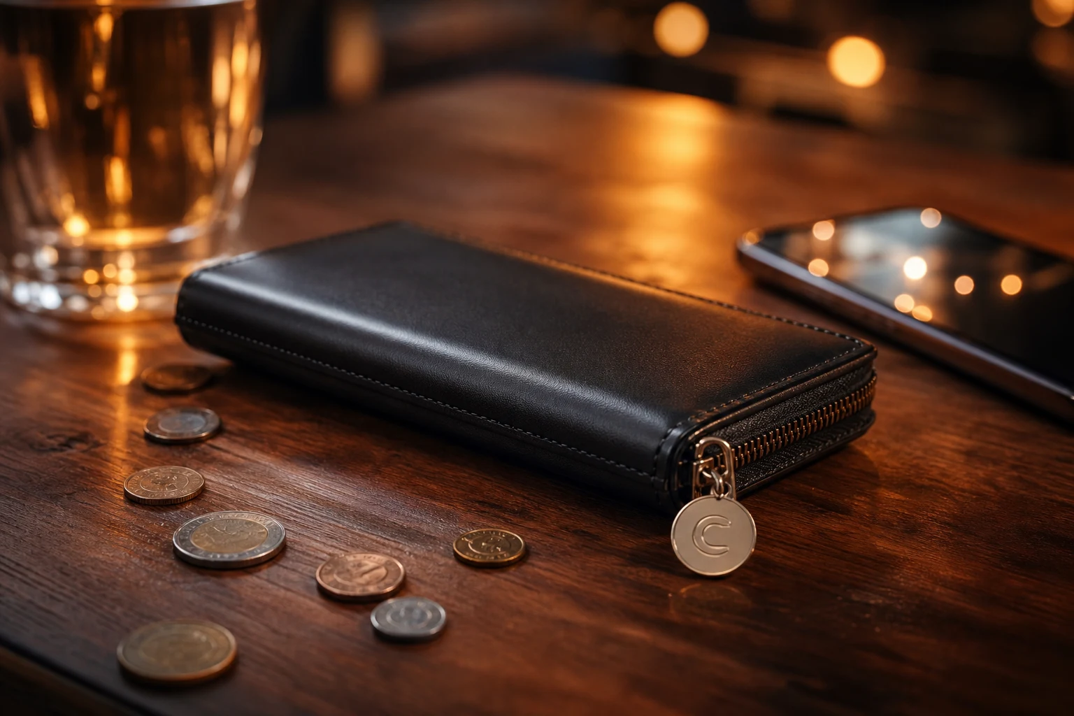 Cartera moderna sobre mesa de madera con etiqueta metal Claro