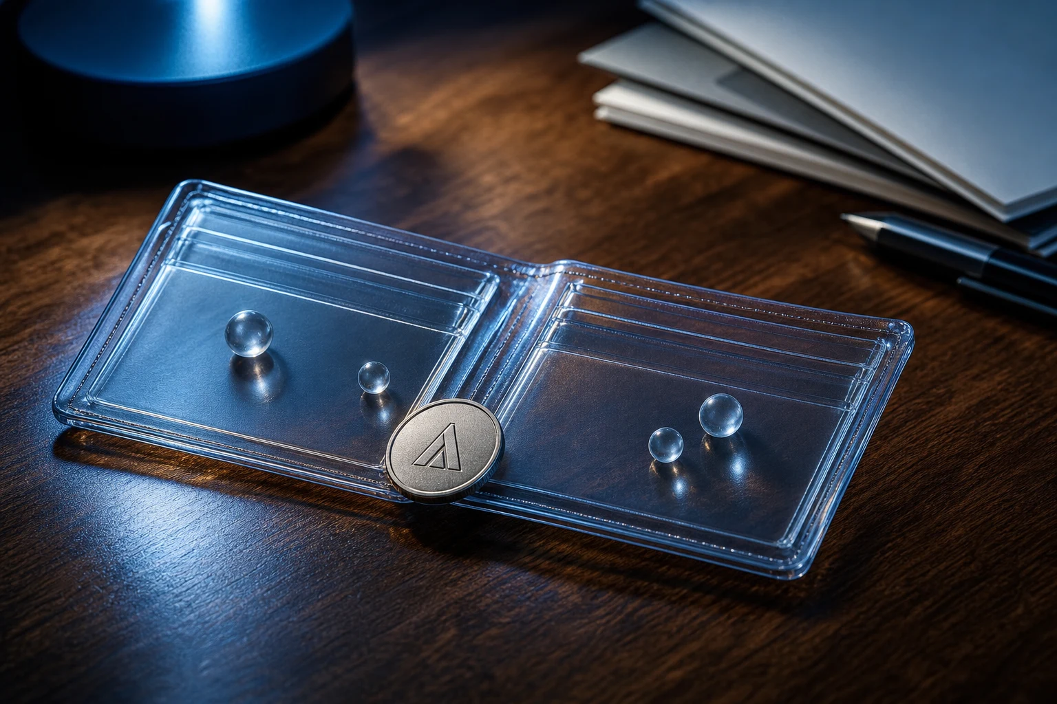 Cartera premium transparente abierta con moneda grabada junto al borde