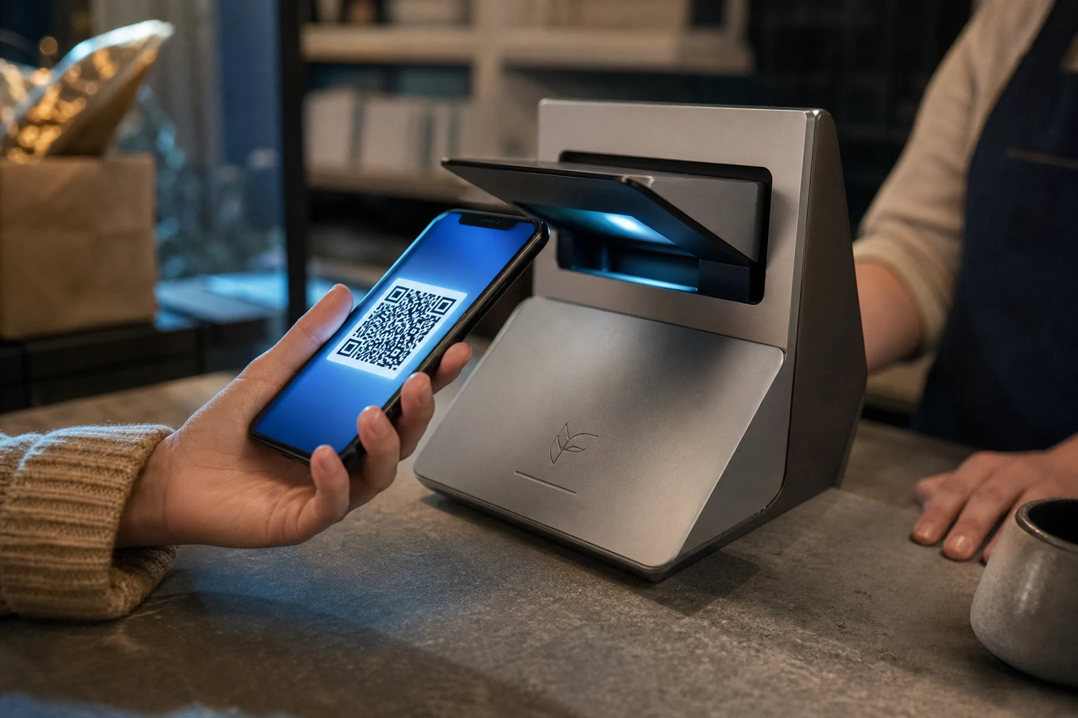Cliente sostiene smartphone con código QR iluminado en terminal logo