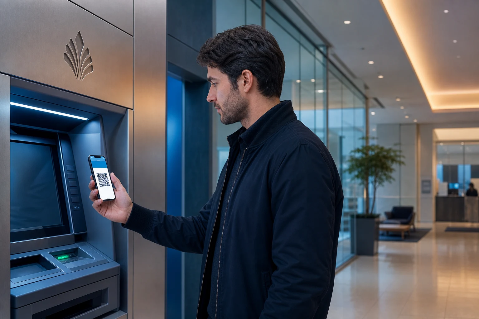 Cliente utiliza telefono con QR en cajero de banco moderno