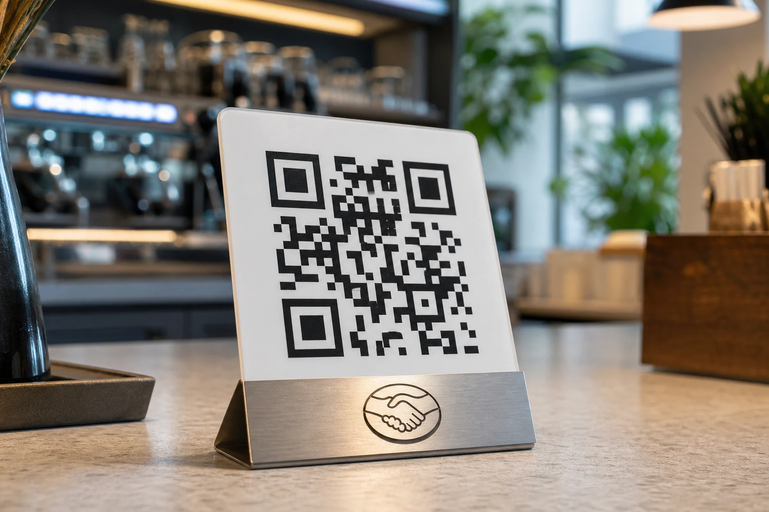 Código QR de pago Mercado Pago sobre mostrador de tienda contemporánea