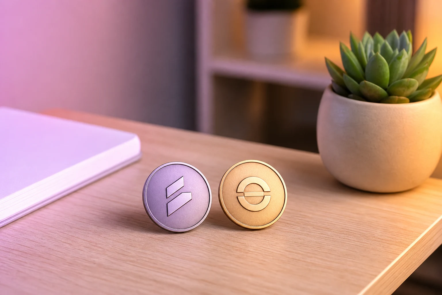Dos fichas circulares metálicas con logotipos fintech de dos ecosistemas
