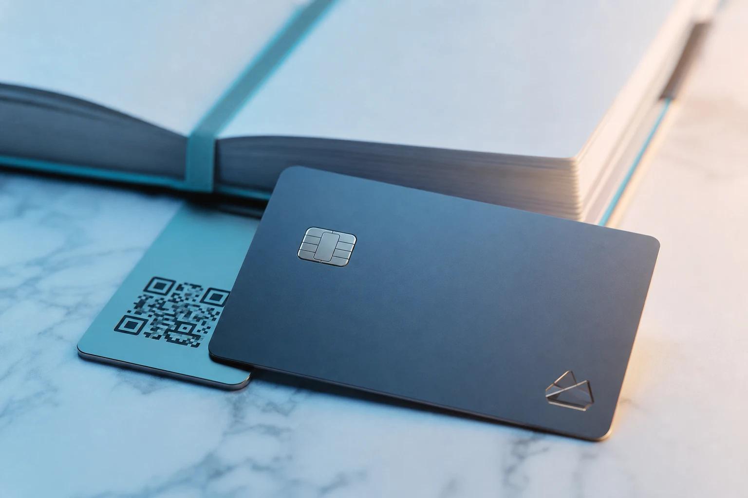 Dos tarjetas de pago mate con logo grabado y QR