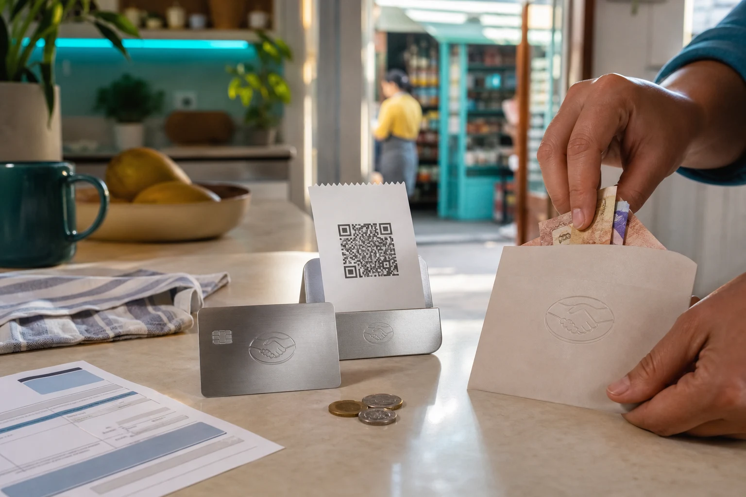 Estación de pagos cotidiana Mercado Pago con tarjeta código QR y efectivo