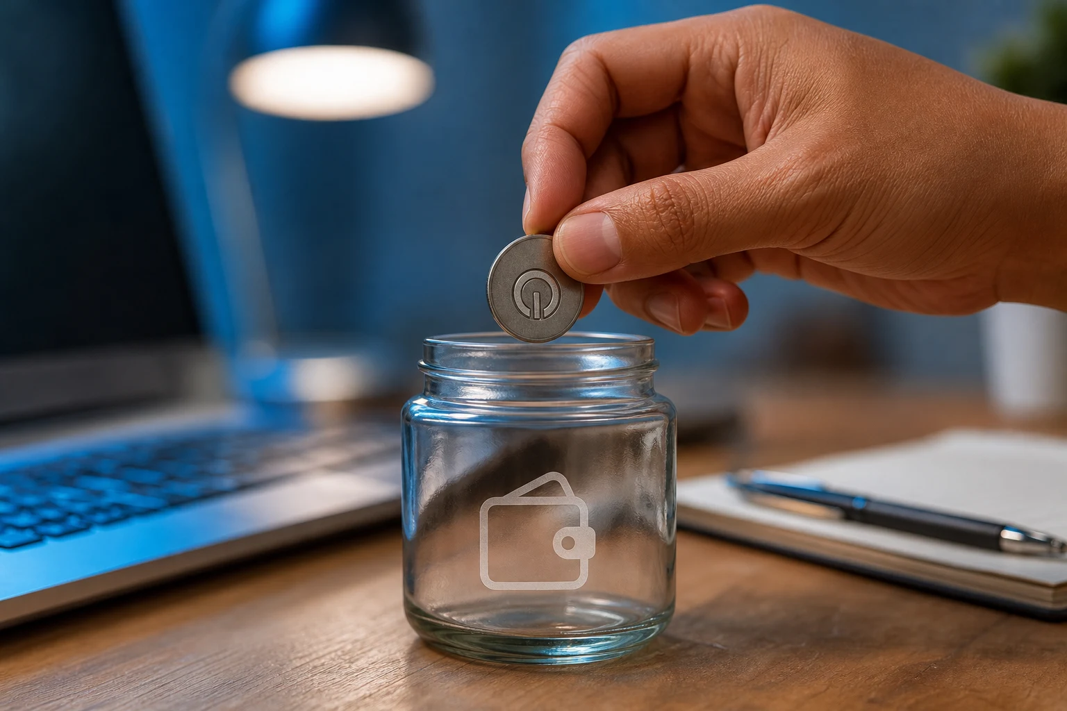 Ficha circular de banco cayendo en frasco con logo billetera