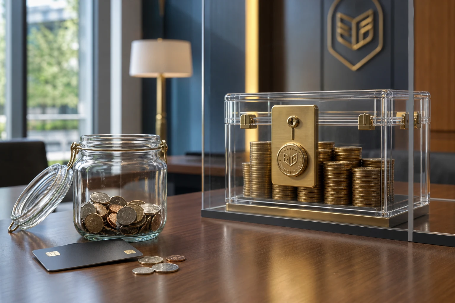 Frascos de ahorro con monedas y cierre mecánico sobre escritorio bancario