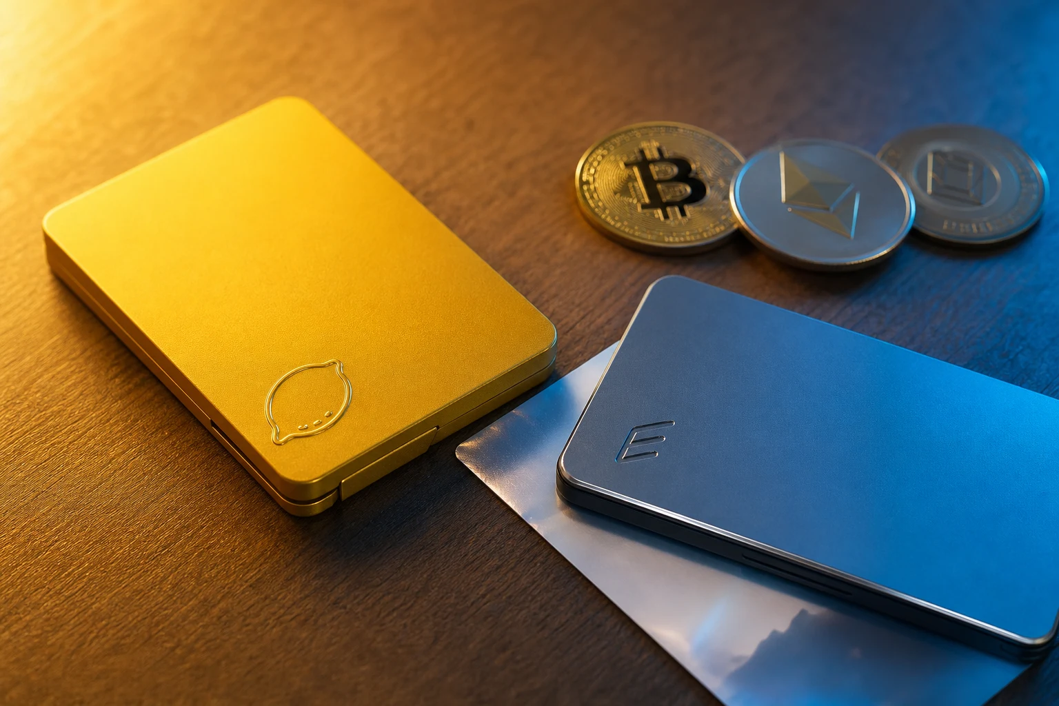 Lemon y Fiwind tarjetas miniatura en mesa con monedas cripto