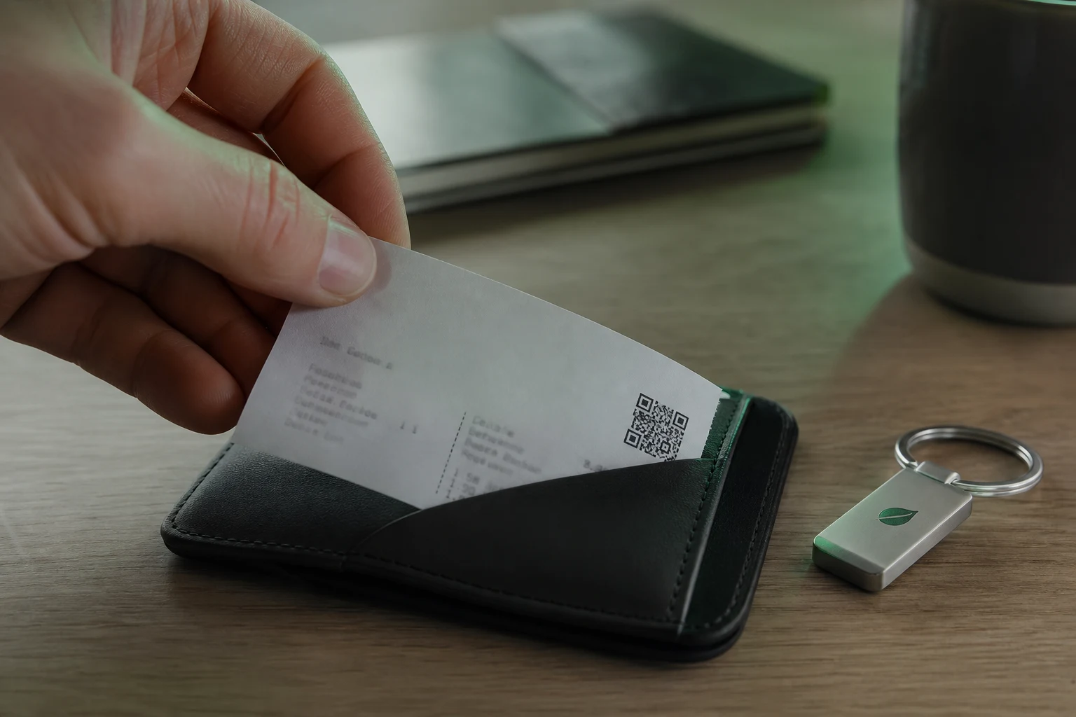 Mano alza recibo con QR desde billetera oscura llavero logo