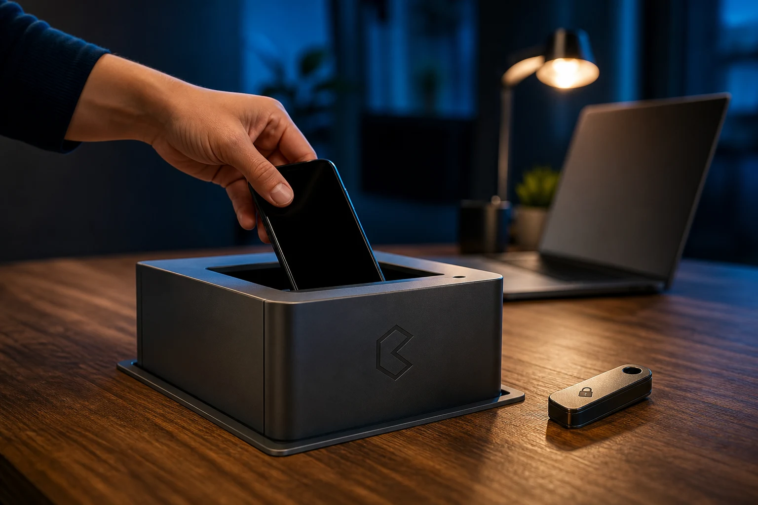 Mano colocando smartphone en caja fuerte metal mate empotrada escritorio