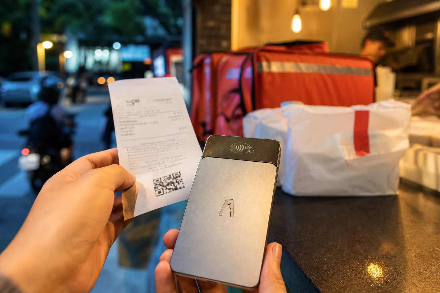 Mano comparando recibo físico y tarjeta virtual AstroPay en restaurante urbano