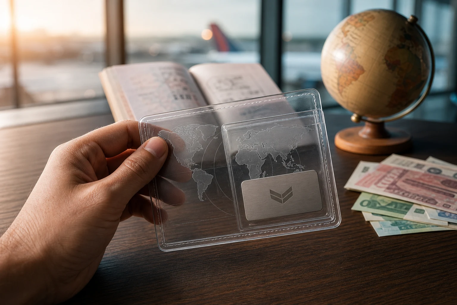 Mano de viajero sosteniendo billetera viaje transparente con logo grabado