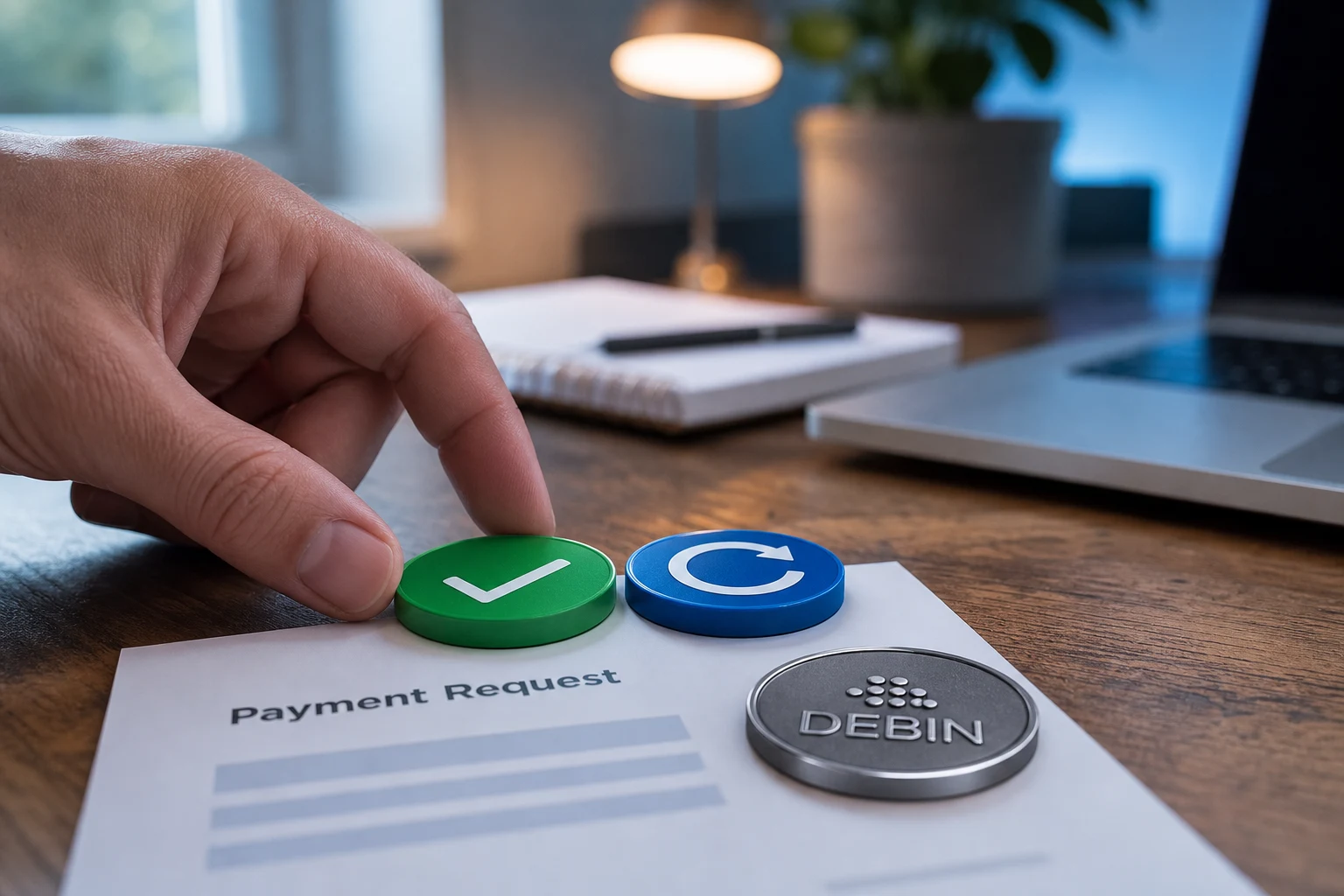 Mano elige token verde checkmark y azul flecha circular DEBIN