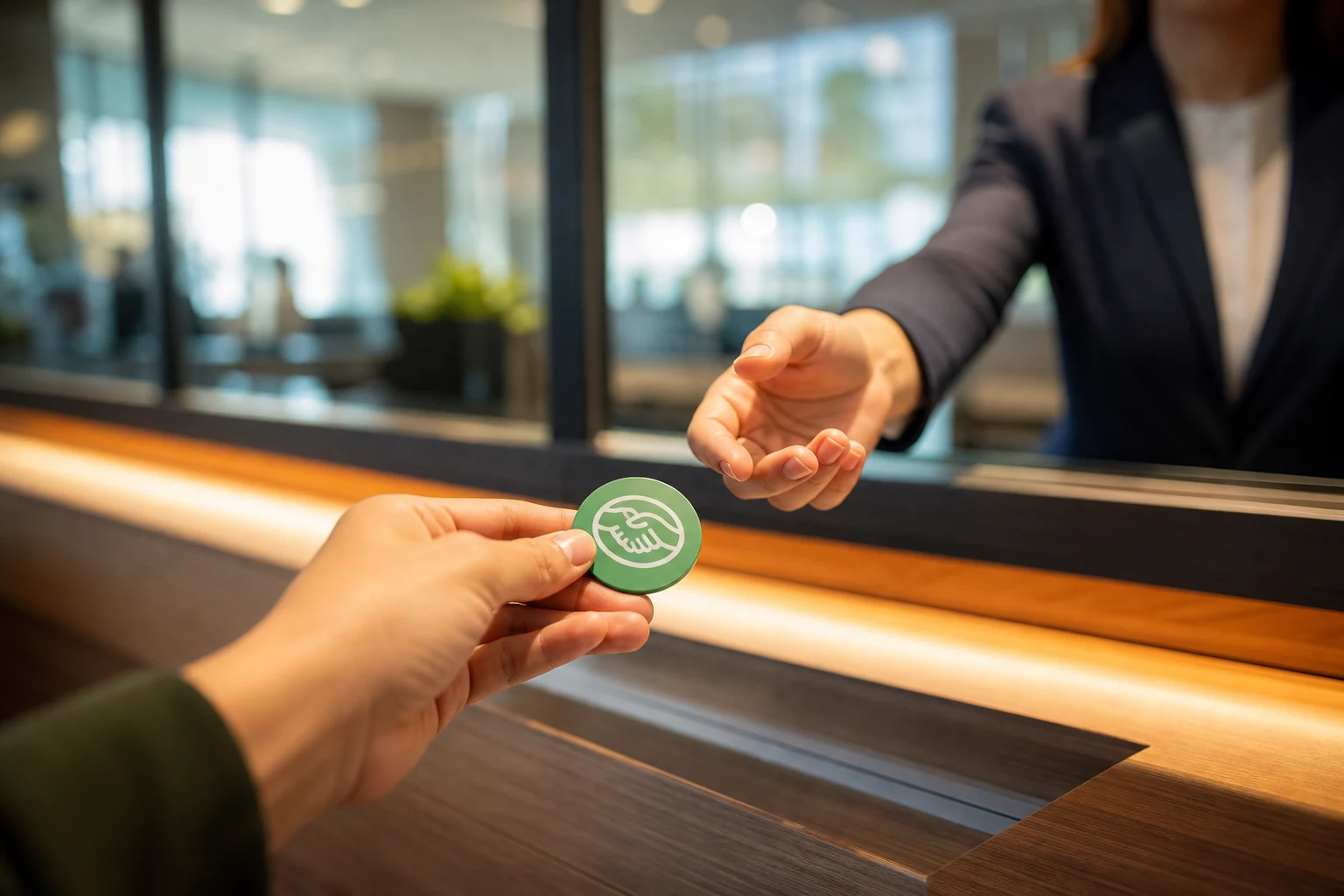 Mano entrega token verde con emblema blanco Mercado Pago banco