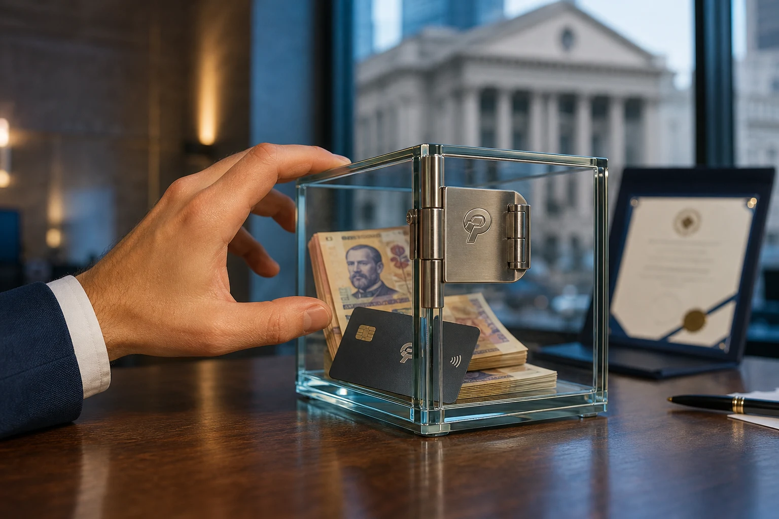 Mano examinando bóveda de vidrio con pesos argentinos tarjeta y logo Personal Pay grabado