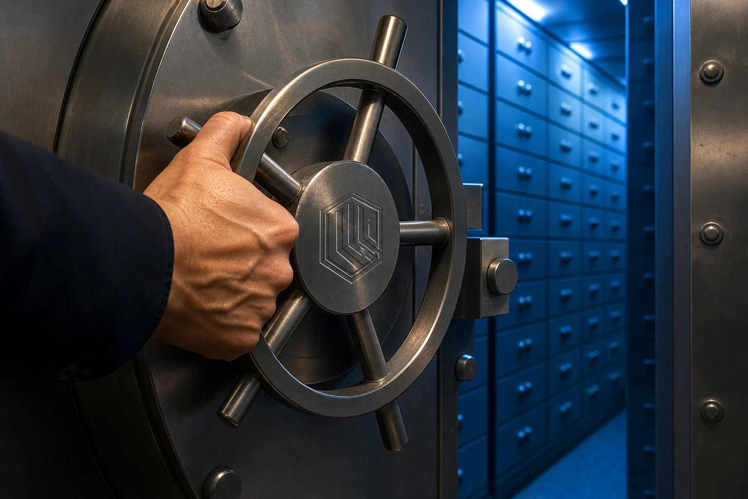 Mano girando manija circular de bóveda bancaria con logo minimalista
